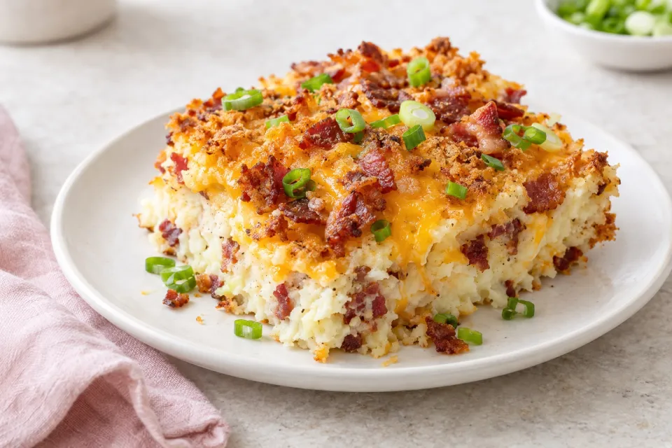 Crispy Mashed Potato Casserole with Bacon, Cheese, and Scallions