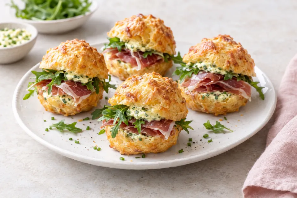 Parmesan and Gruyère Gougères with Jambon De Bayonne, Arugula, and Dijon-Chive Butter