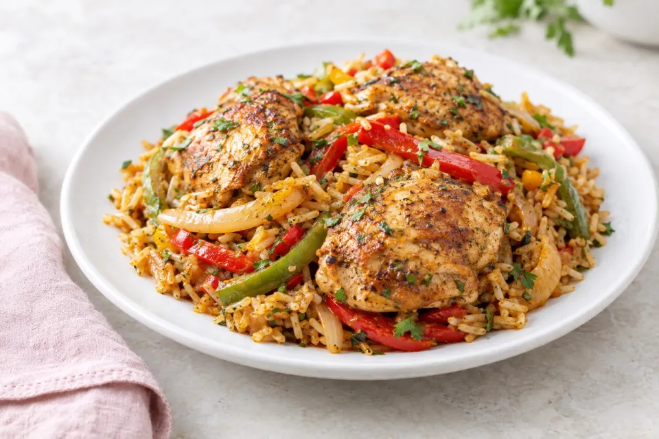 Skillet Chicken and Rice with Peppers and Onions