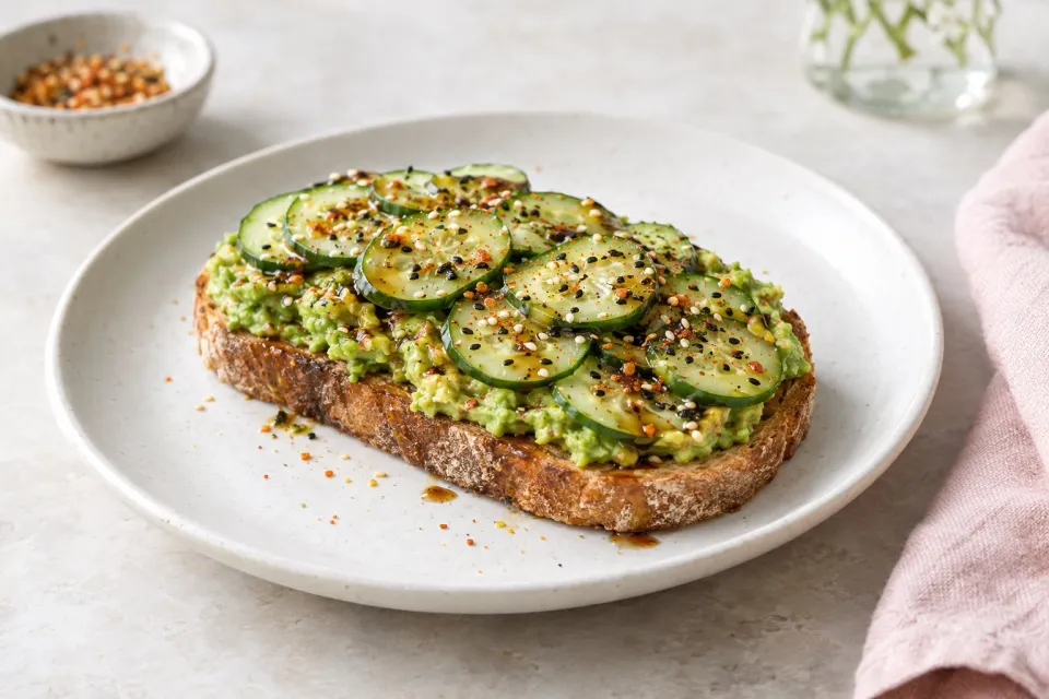 Avocado Toast with Cucumber, Soy Sauce, and Shichimi Togarashi