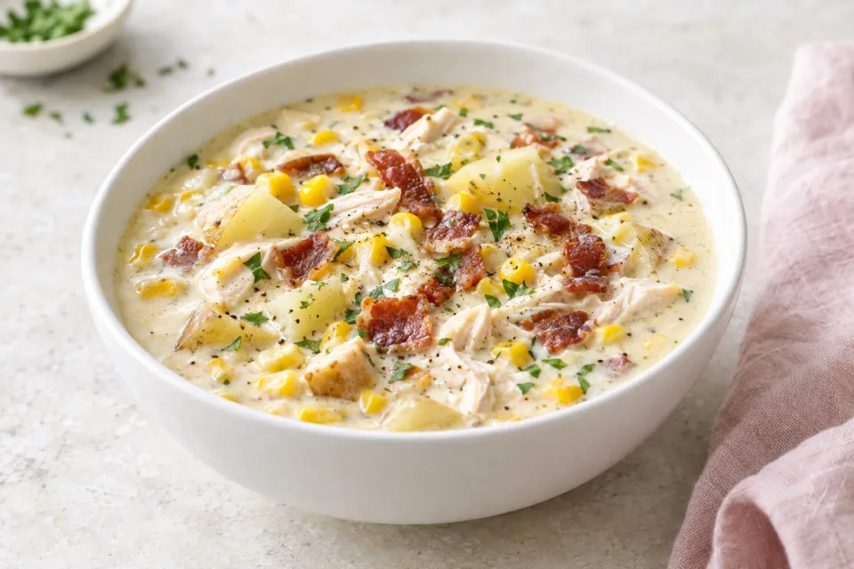 Chicken Chowder with Potato, Bacon, and Corn