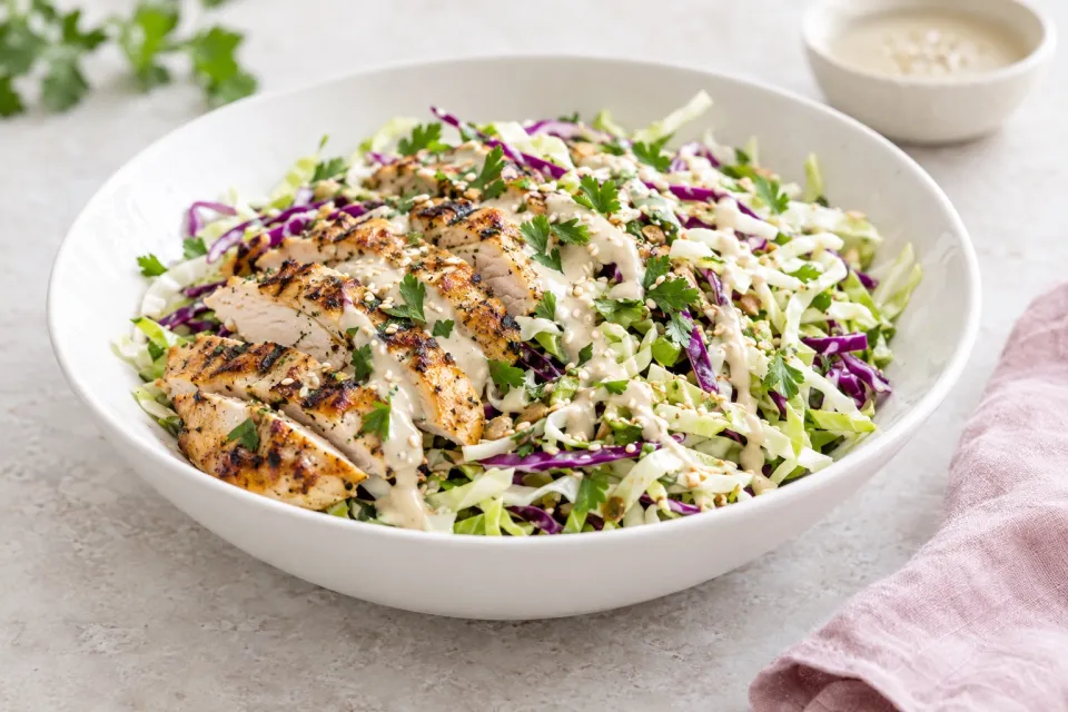 Grilled Chicken and Cabbage Salad with Creamy Tahini Dressing