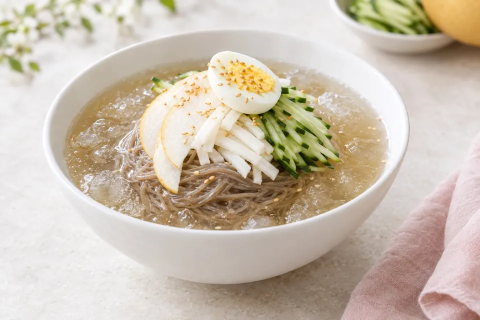 Cold Korean Noodle Soup with Asian Pear and Cucumber