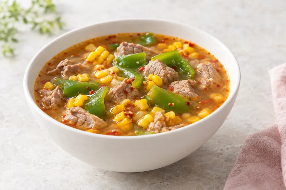 Spicy Pork, Green Pepper, and Corn Soup