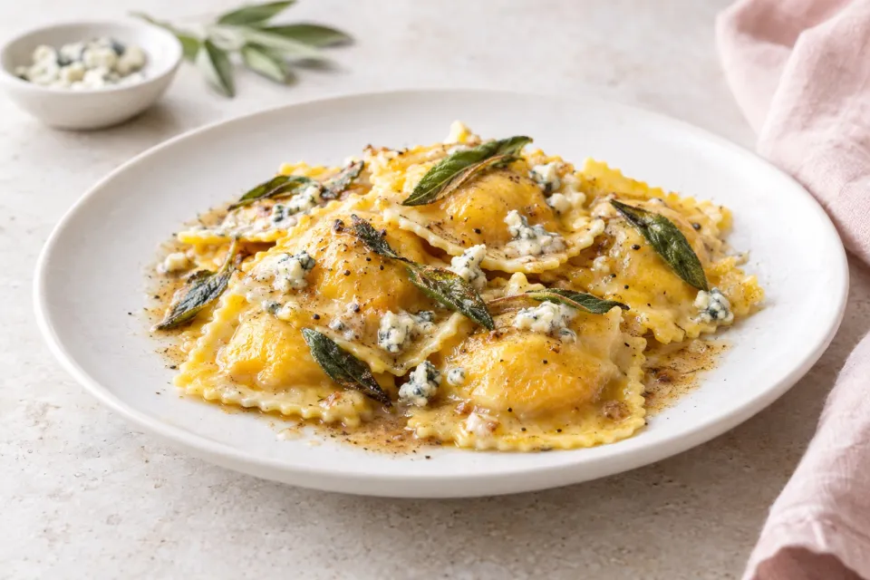 Homemade Butternut Squash and Blue Cheese Ravioli with Sage Brown Butter Sauce