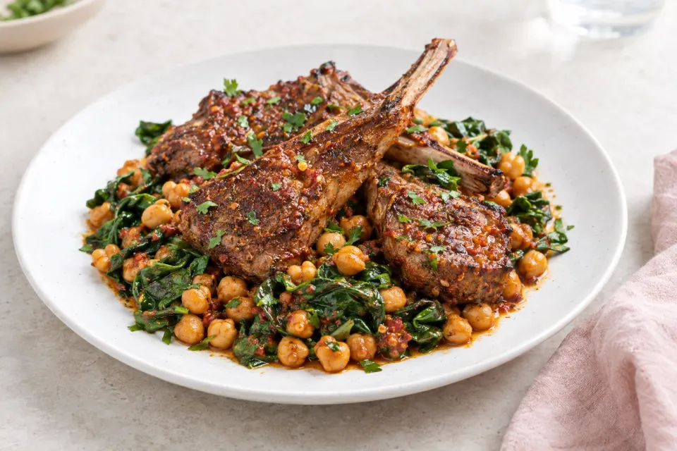 Skillet Lamb Chops with Harissa, Spinach, and Chickpeas