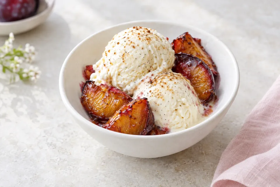 Toasted Vanilla Ice Cream with Roasted Plums