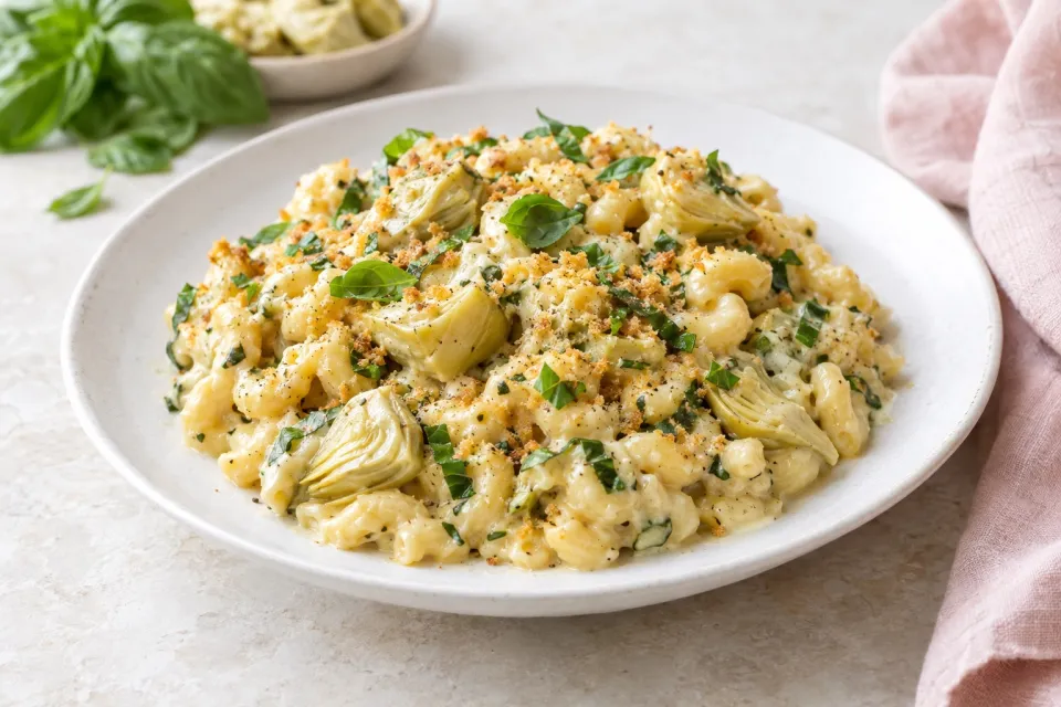 Creamy Basil Artichoke Mac and Cheese
