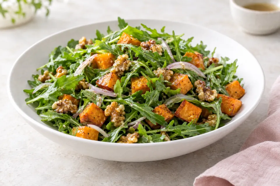 Arugula, Sweet Potato, and Walnut Salad with Dashi &quotVinaigrette&quot