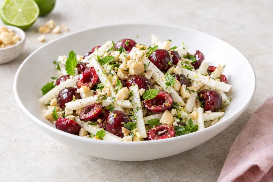 Cherry and Jicama Salad with Lime and Macadamia Nuts