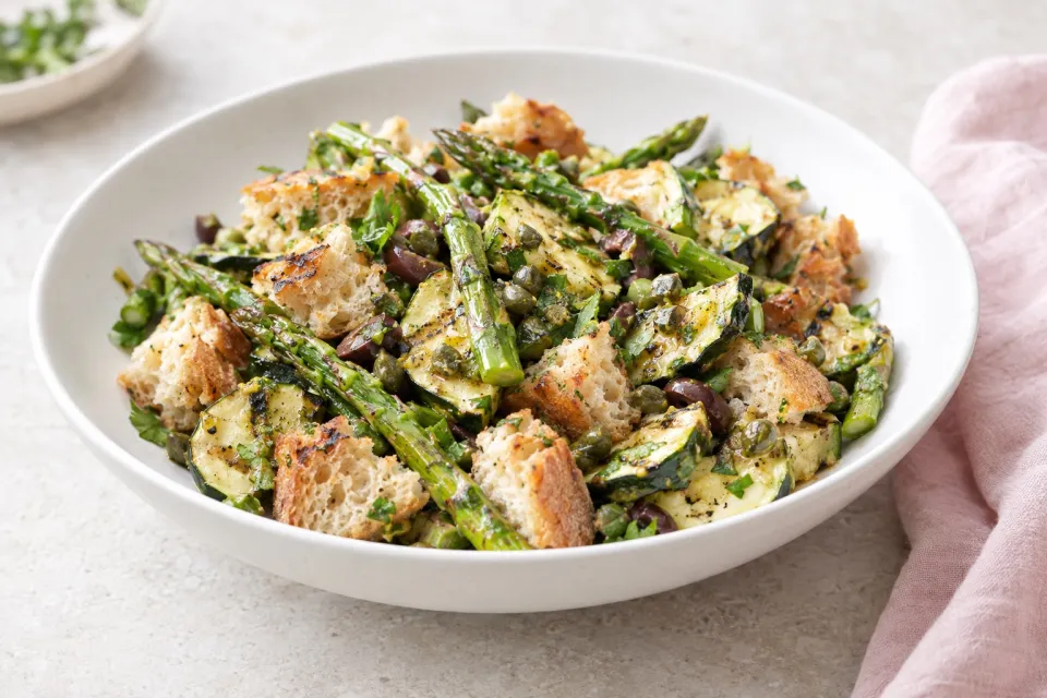 Grilled Asparagus, Zucchini, and Bread Salad with Olive-Caper Dressing