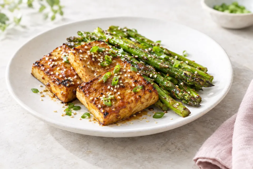 Broiled Tofu with Miso Glaze and Asparagus