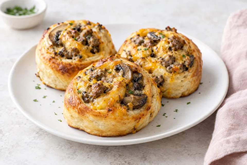 Breakfast Sausage, Mushroom, and Cheddar Rolls