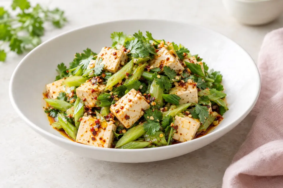 Spicy Warm Silken Tofu with Celery and Cilantro Salad