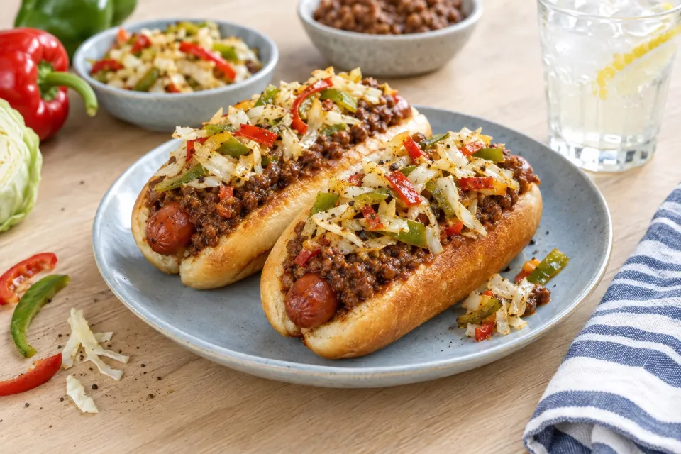 New England Chili Dogs with Pepper Hash
