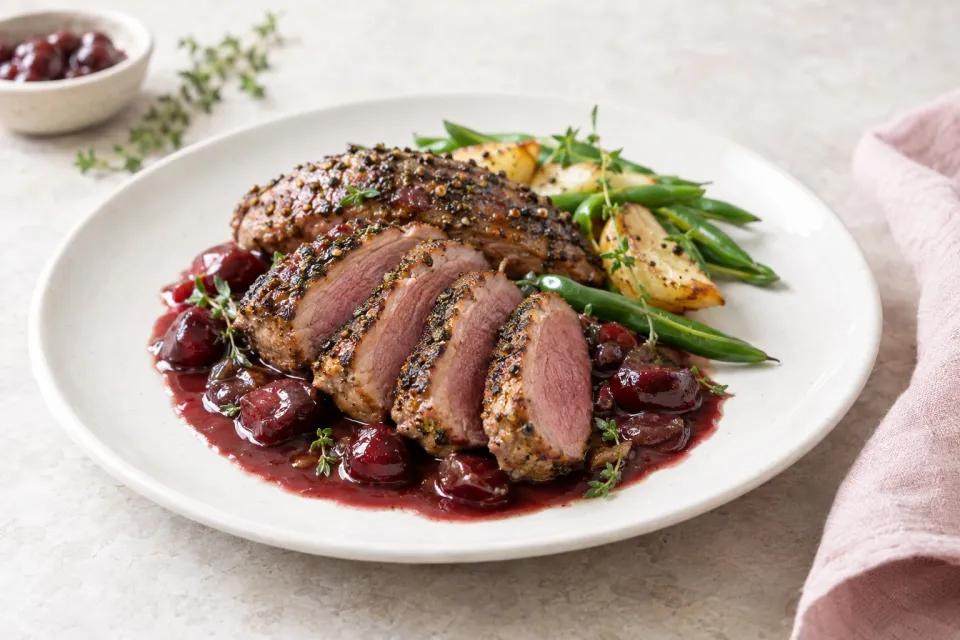 Peppered Duck Breasts with Cherry-Port Sauce