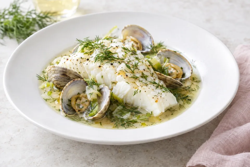 Halibut À LA Nage with Clams, Dill, and White Wine