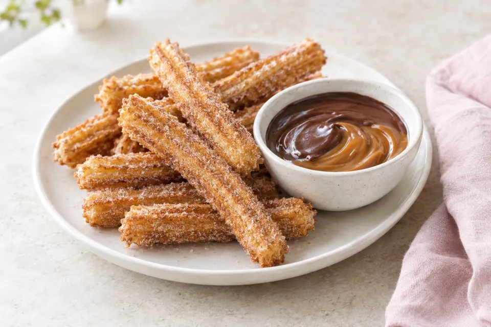 Churros with Chocolate-Dulce De Leche Dip