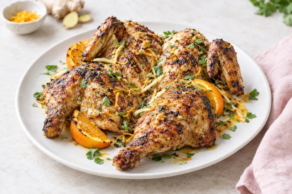 Spatchcocked Grilled Chicken with Orange and Ginger