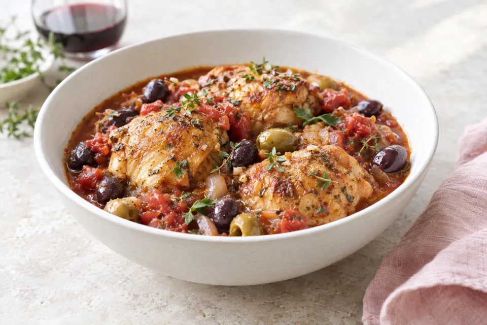 Rustic Chicken Stew with Tomatoes, Olives, and Red Wine