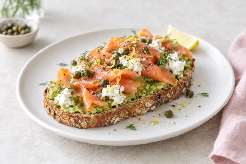 Avocado Toast with Smoked Salmon, Goat Cheese, and Capers