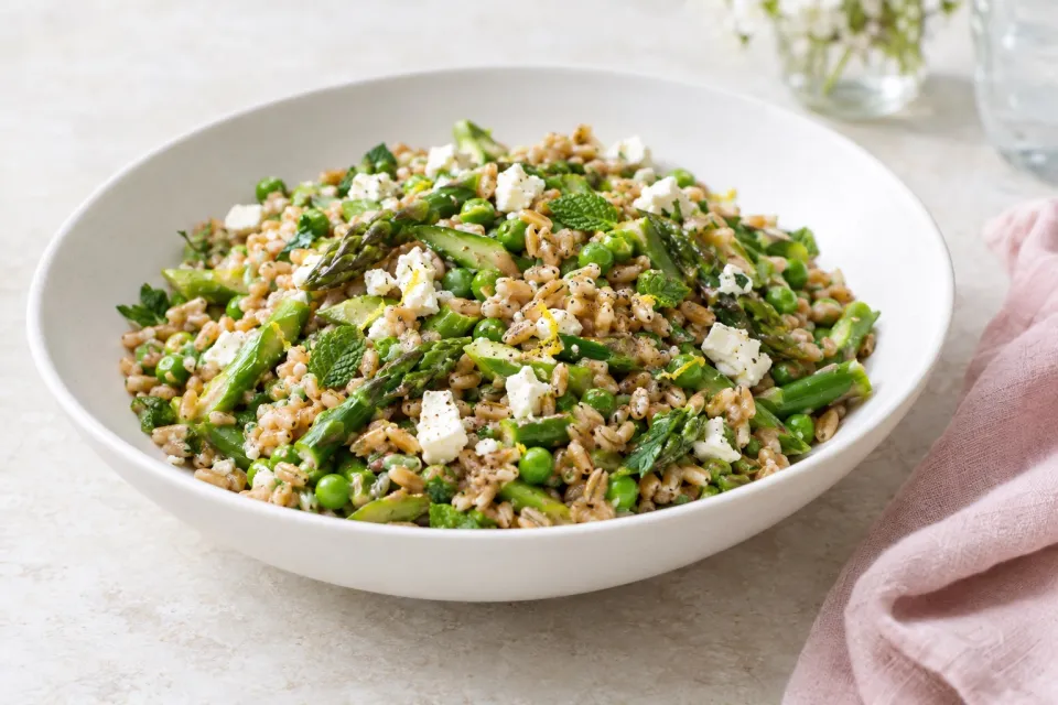 Warm Farro Salad with Asparagus, Peas, and Feta
