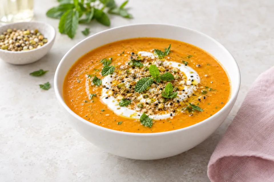 Chilled Minty Carrot Soup with Dukkah Yogurt