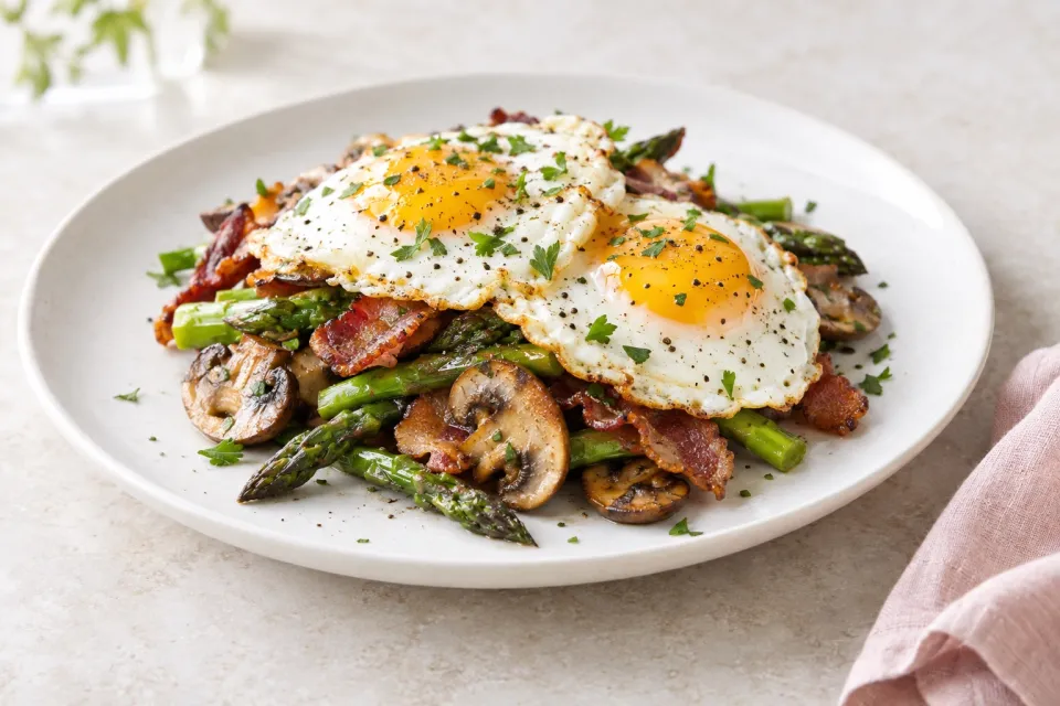 Mushrooms, Bacon, and Asparagus Topped with Eggs
