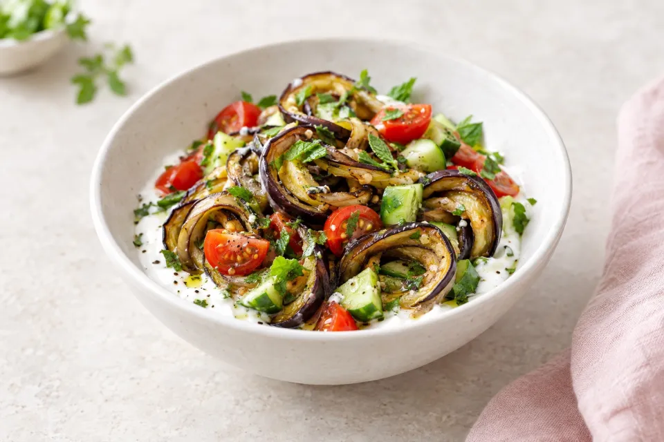 Eggplant Spirals with Greek Yogurt, Tomatoes, and Cucumber