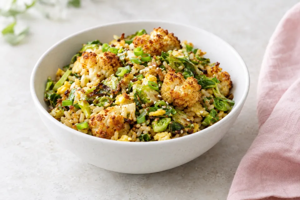 Brussels Sprout Fried Rice with Crispy Cauliflower