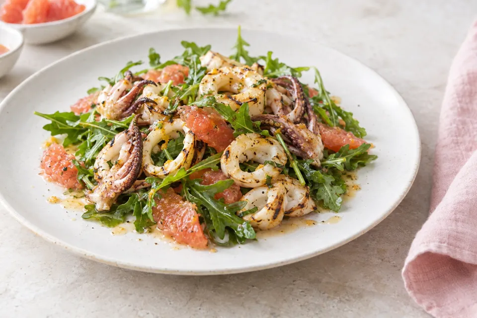 Grilled Squid with Arugula and Grapefruit Vinaigrette