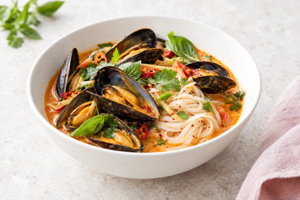 Mussels with Thai Red Curry Broth and Rice Noodles