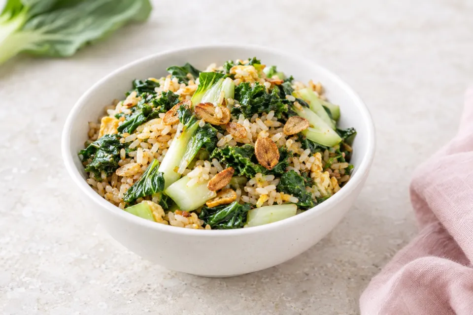 Bok Choy and Kale Fried Rice with Fried Garlic