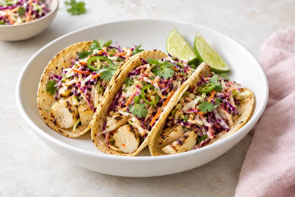 Grilled Marinated Heart of Palm Tacos with Spicy Cabbage Slaw