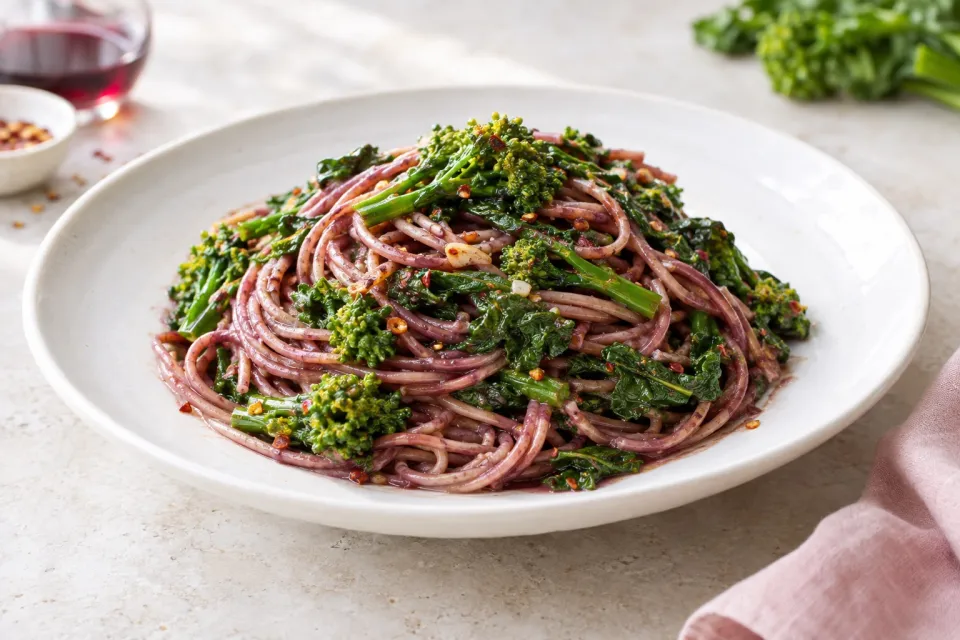 Zinfandel Spaghetti with Spicy Rapini