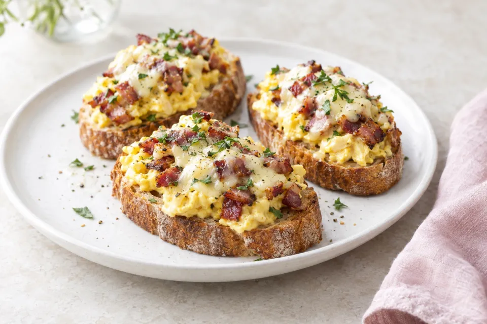 'ino's Scrambled Egg, Pancetta, and Fontina Bruschetta
