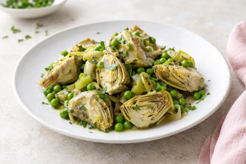 Braised Artichokes with Leeks and Peas