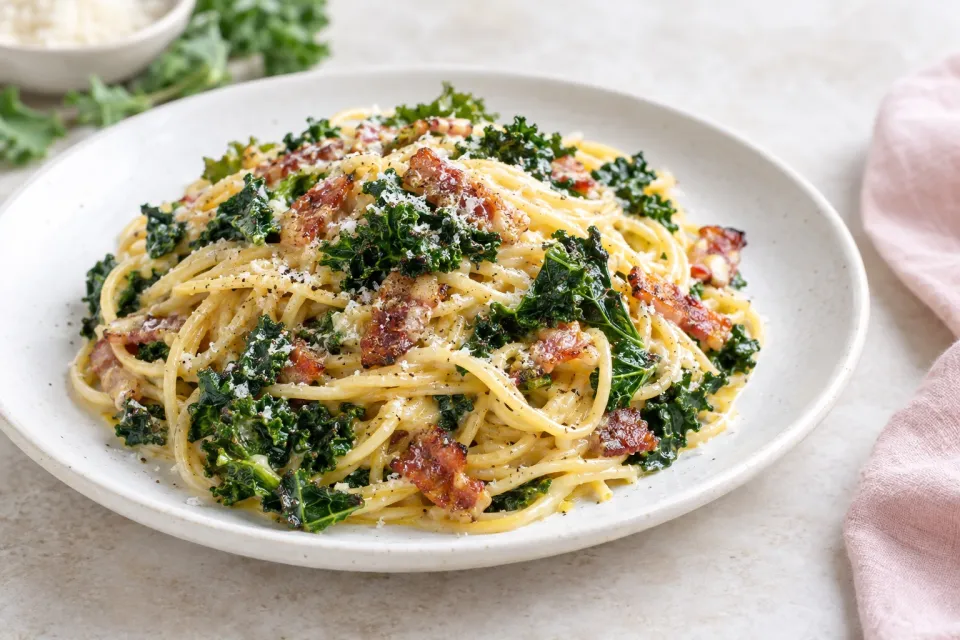 Skillet Spaghetti Alla Carbonara with Kale