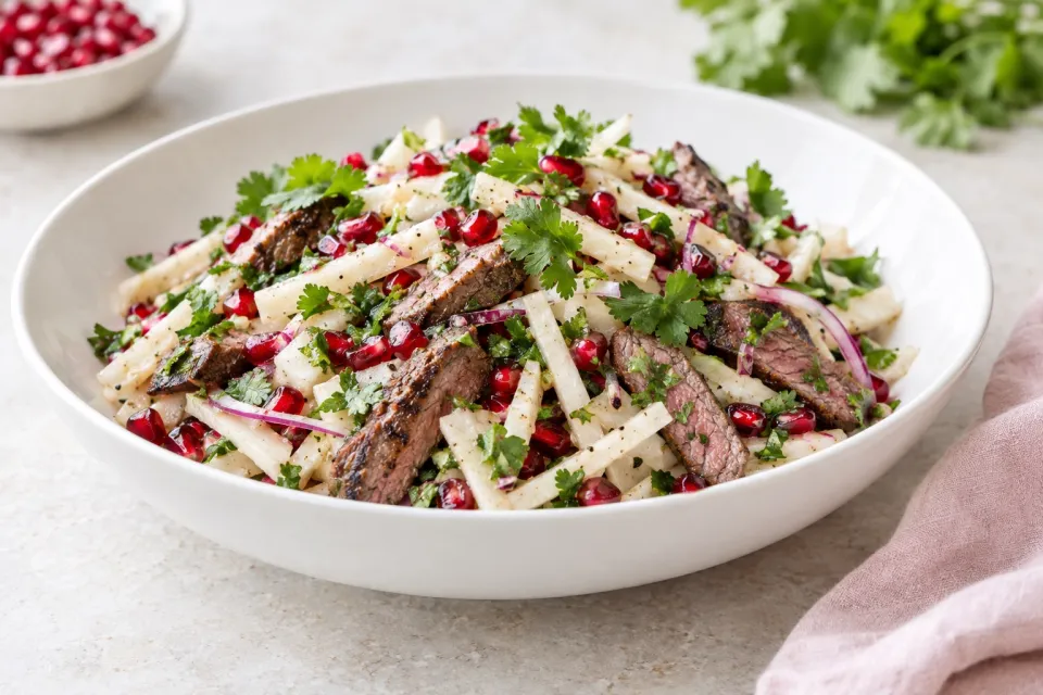 Make-Ahead Jicama Salad with Seared Steak, Pomegranate and Cilantro