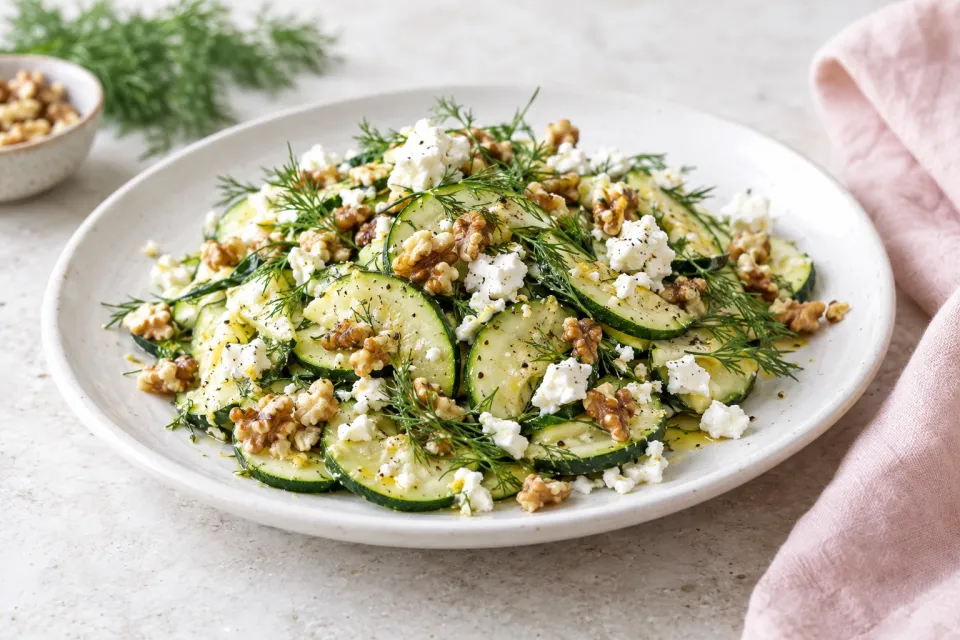 Zucchini with Feta, Walnuts and Dill