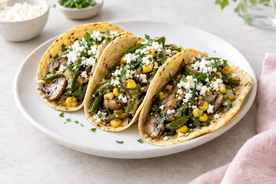 Mushroom, Rajas, and Corn Tacos with Queso Fresco