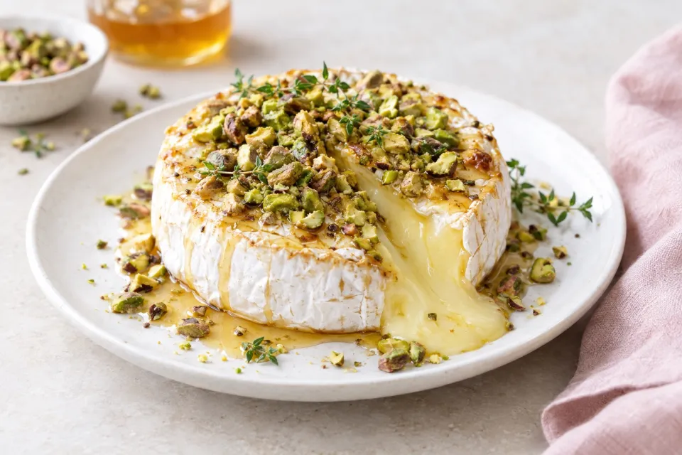 Simple Baked Brie with Honey and Pistachios