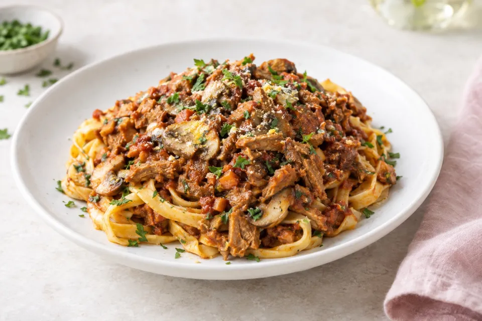 Vegan Seitan and Mushroom Ragù Bolognese