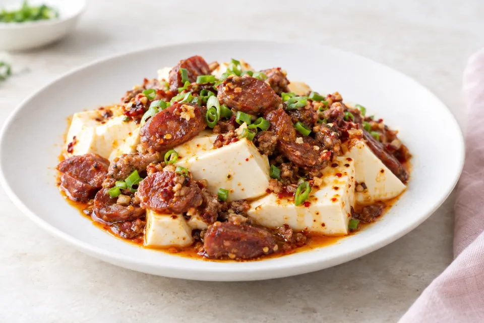 Silken Tofu with Spicy Sausage