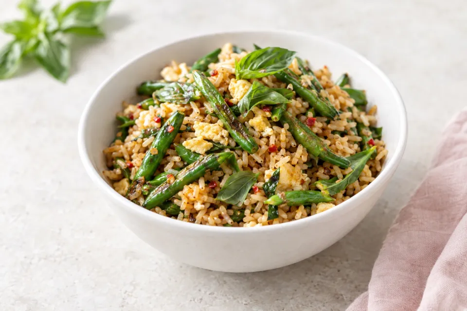 Fried Rice with Blistered Green Beans and Basil