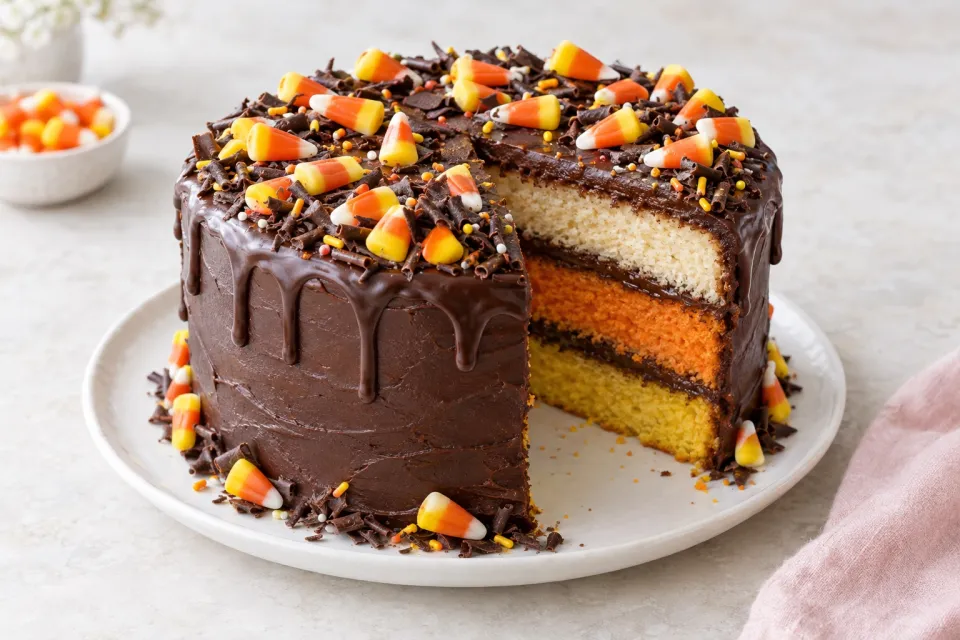 Chocolate-Covered Candy Corn Layer Cake