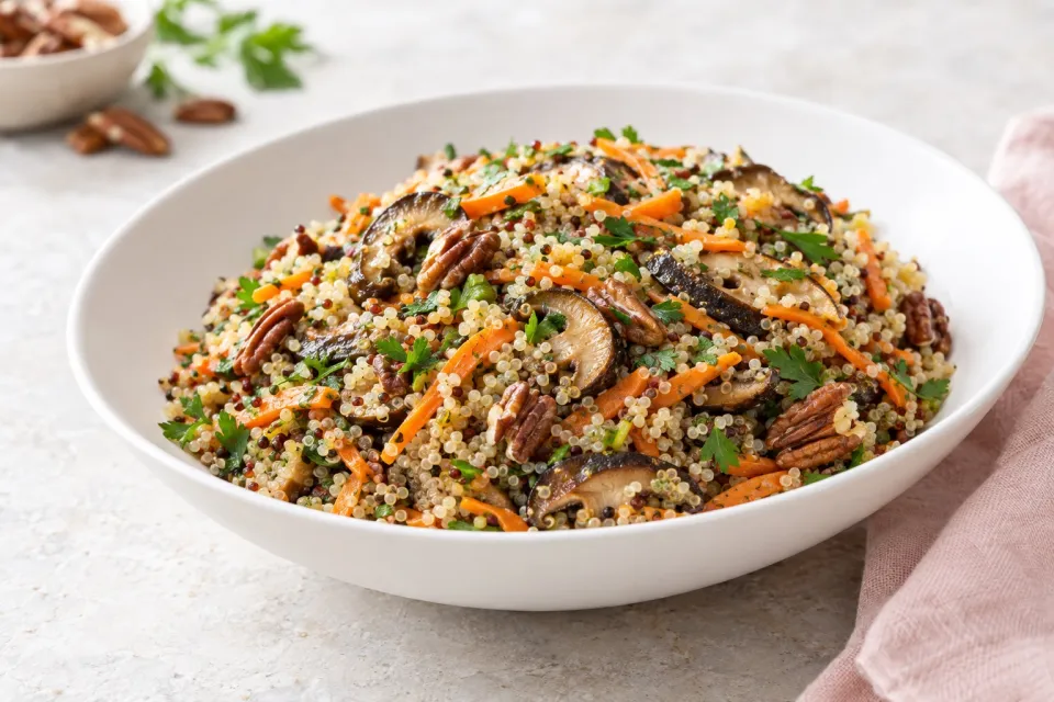 Warm Quinoa Pilaf Salad with Shiitake Mushrooms, Carrots & Pecans