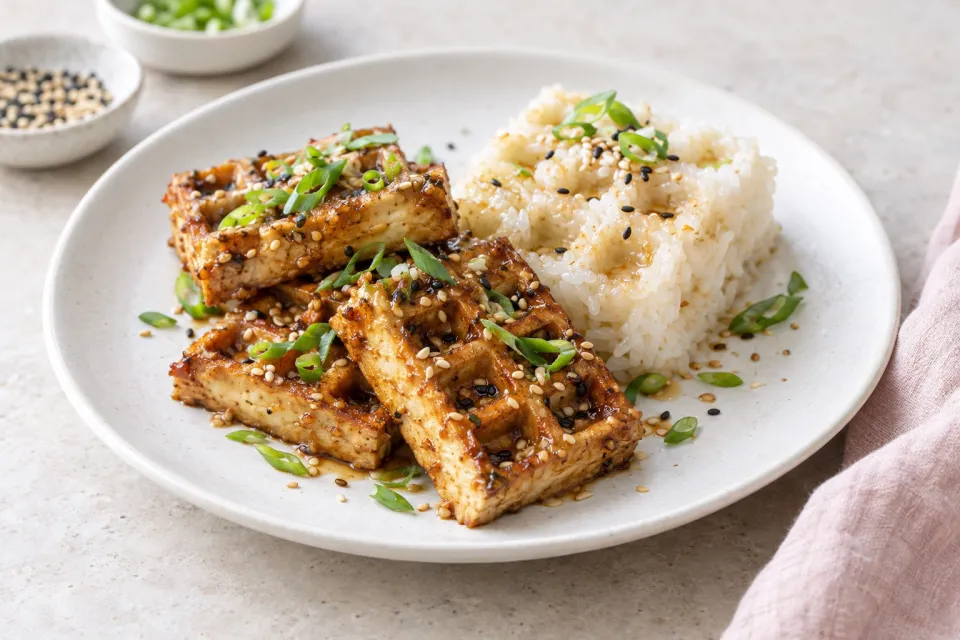 Waffled Miso-Sesame Tofu with Waffled Sticky Rice