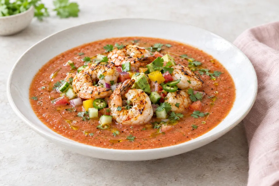 Mexican-Style Gazpacho with Grilled Shrimp