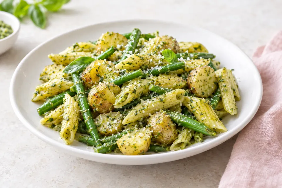 Pesto Pasta with Potatoes and Green Beans